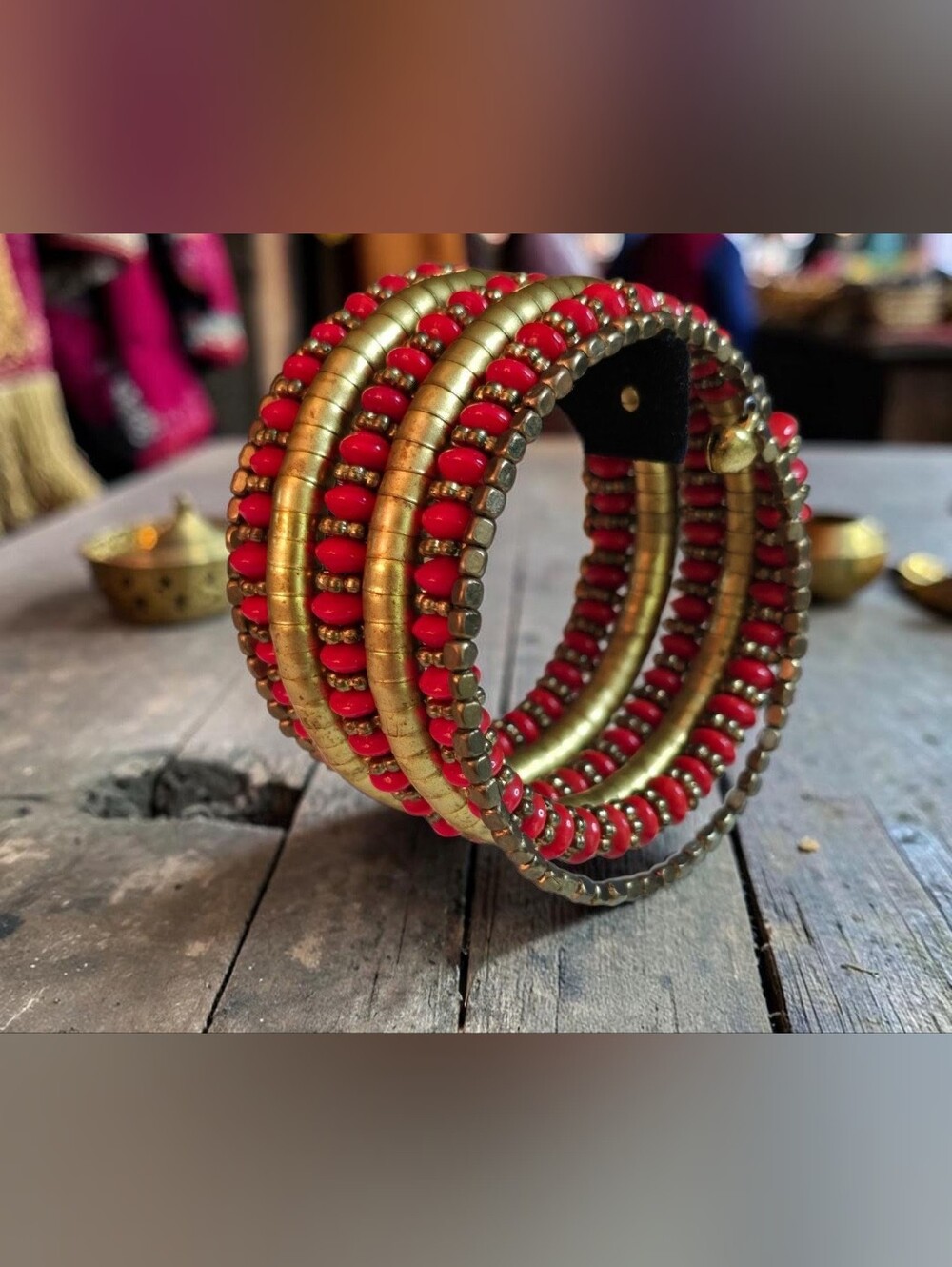 Vintage Red & Gold Bead Multi Wrap Coil Bracelet - Picture 2 of 3